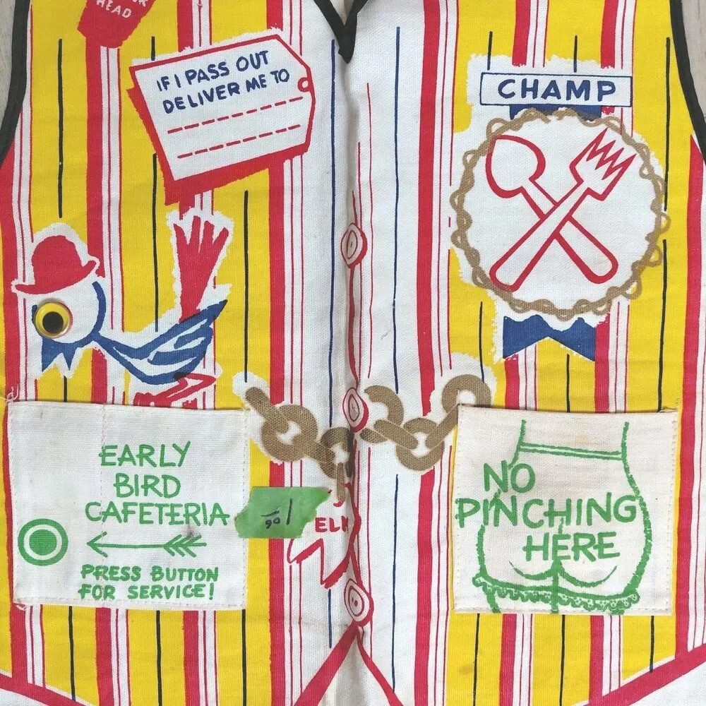 Vintage Parvin Creation Printed Graphic Mens Apron Silly Zany Funny Humor Kitsch